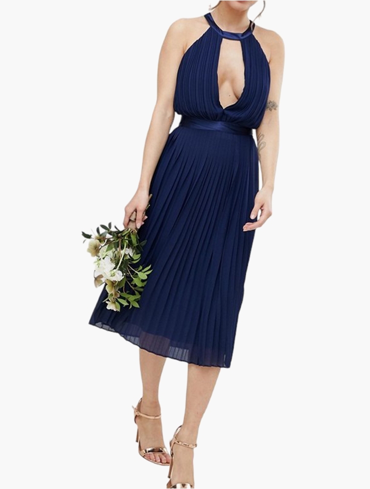 MyRunway Shop TFNC London Navy Pleated Midi Bridesmaid Dress for
